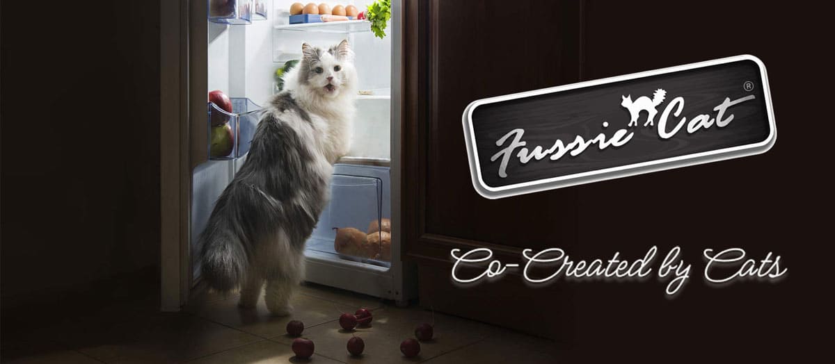 Fussie cat logo with cat lookin in the refrigerator