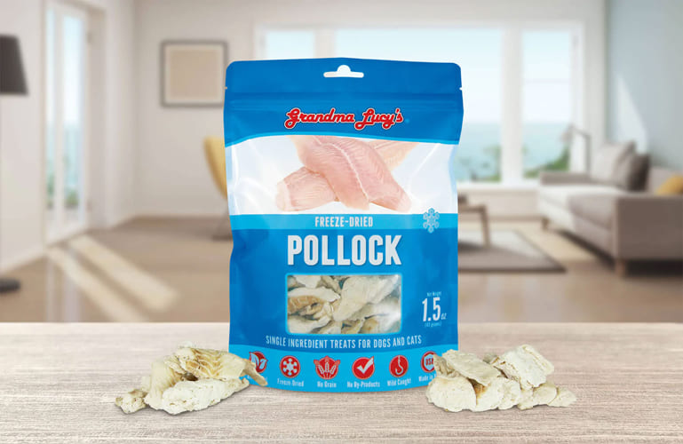 Single ingredient freeze-dried pollock treats for dogs and cats