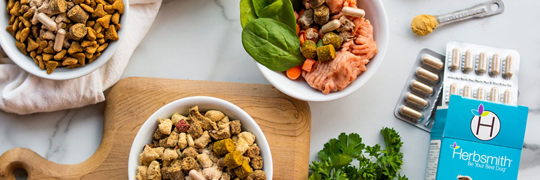 Herbsmith supplements and food bowls banner image