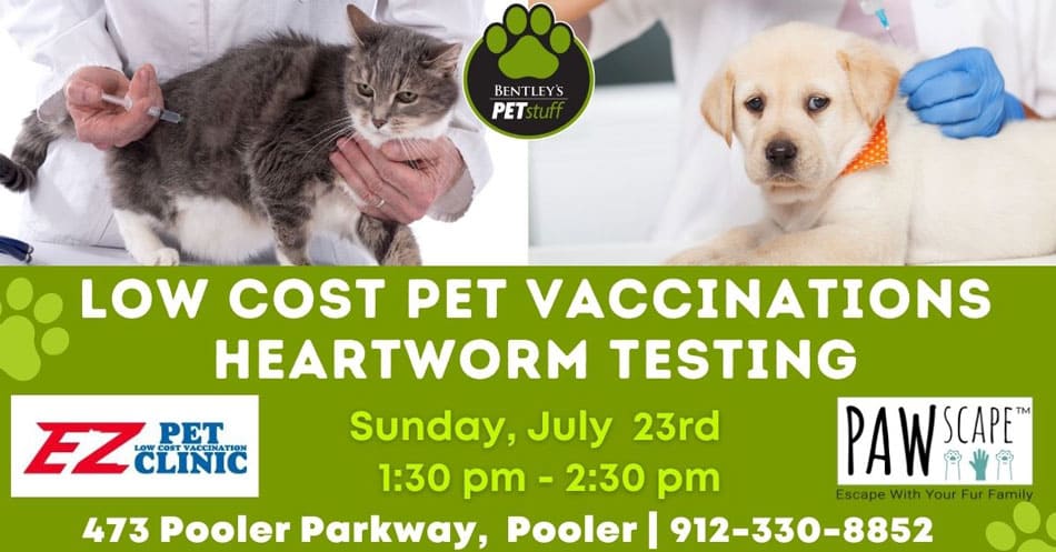 Bentley's pet stuff low cost pet vaccinations and heartworm testing by ez pet clinic july 23 1:30 pm to 2:30 pm pooler
