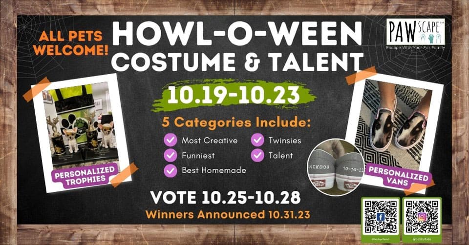 Bentley's pet stuff pawscape howl-o-ween costume and talent contest, october 19th to october 23rd, five contest categories: most creative, twinsies, funniest, talent, best homemade, winners announced october 31st