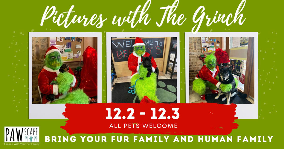 Bentley's pet stuff pictures with the grinch, december 2nd and 3rd, in brookfield, wi, and whitemarsh, ga